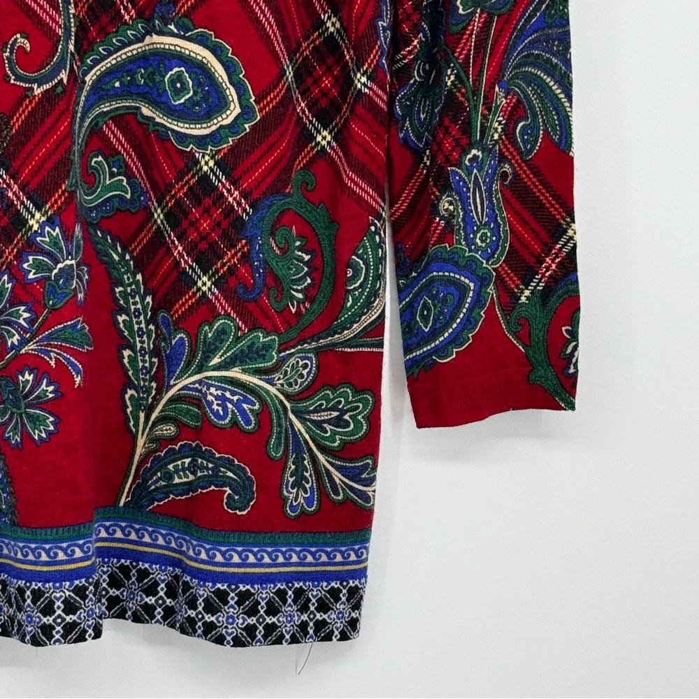 Talbots Size Medium Lightweight 100% Merino Wool Red Plaid/Paisley Sweater - Picture 7 of 11